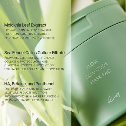 KOY Cell-Code Mask Pad - Moisturizing Toner Mask Pads - High-Absorption Polymer Fabric, Enriched Essence - Rock Sapphire Extract, Hyaluronic Acid, Betaine, Panthenol - Korean Skin Care, 50 Pads