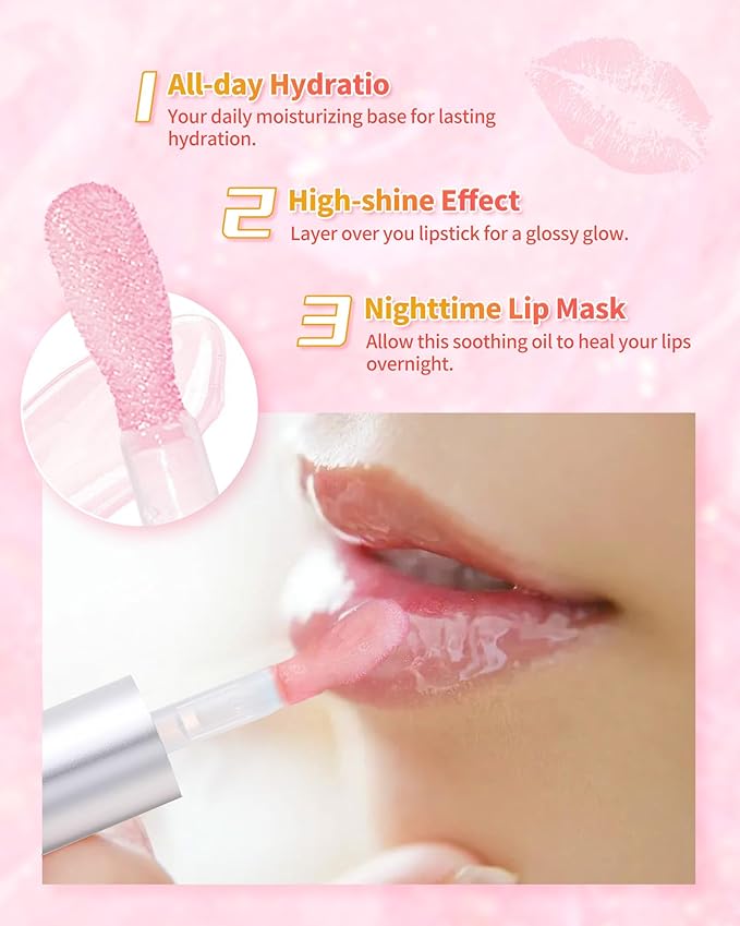 3Pcs Hydrating Lip Oil Set，Non-sticky Lip Oils Gloss Lip Balm Lip Care，Deeply Nourishing and Repairing Prevents Lips Chapped and Lighten Lip Lines(Honey，Peach，Strawberry)