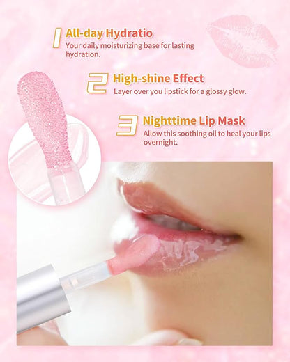 3Pcs Hydrating Lip Oil Set，Non-sticky Lip Oils Gloss Lip Balm Lip Care，Deeply Nourishing and Repairing Prevents Lips Chapped and Lighten Lip Lines(Honey，Peach，Strawberry)