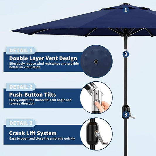 9Ft Patio Umbrella - 8 Sturdy Ribs Outdoor Table Umbrella with Crank Lift & Push Button Tilt - Market Umbrella for Pool, Deck, Yard, Garden - Navy Blue
