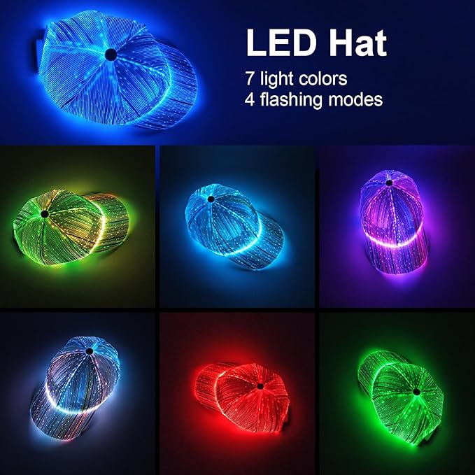 Fiber optic cap LED hat with 7 colors luminous glowing EDC baseball hats USB Charging light up caps even party led crazy cap for event holiday