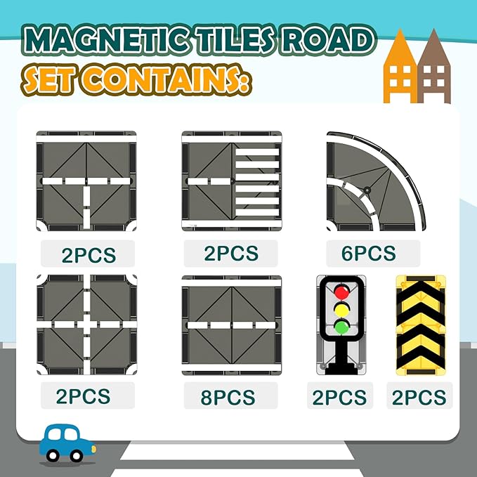 Magnetic Tiles Road Expansion Pack, STEM Magnet Building Blocks for Toddler Kids Toys, Montessori Educational Toys for 3+ Year Old Boys & Girls, Creative Toy Gifts for Kids