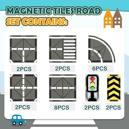 Magnetic Tiles Road Expansion Pack, STEM Magnet Building Blocks for Toddler Kids Toys, Montessori Educational Toys for 3+ Year Old Boys & Girls, Creative Toy Gifts for Kids