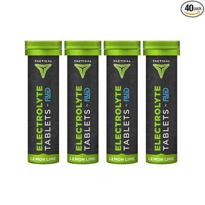 Fluid Tactical- Effervescent Hydration Tablets, Electrolyte Replacement & Dehydration Prevention, 4 Pack, 40 Servings (Lemon Lime)