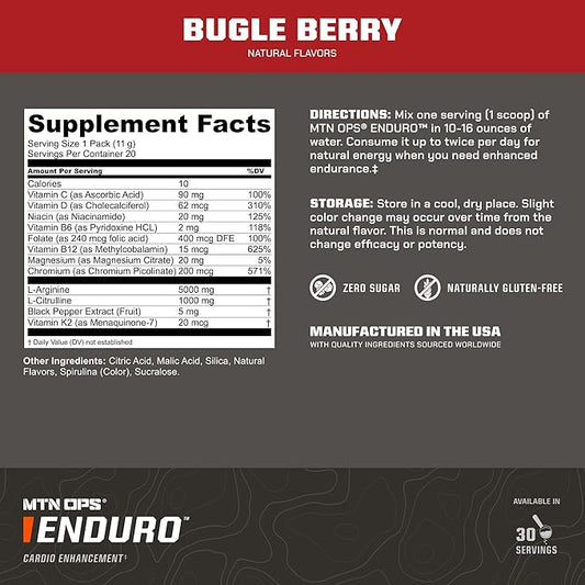 MTN OPS Enduro Nitric Oxide Supplement & Stim-Free Pre Workout - 30 Servings - with Magnesium Citrate, Beet Root Powder, Niacinamide, L Arginine & L Citrulline - Bugle Berry Flavor