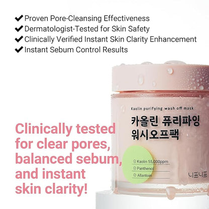 Kaolin Purifying Wash Off Pack, Pore Cleansing Mask for Dry Sensitive Skin, Softening amd Hydrating, Korean Skincare (3.88oz / 110g)