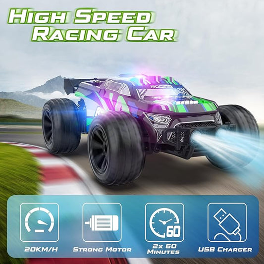 Remote Control Car - 20km/h 2.4GHz High Speed RC Cars, Off Road Hobby RC Racing Car with 2 Rechargeable Batteries & LedLights, Toy Car Gift for 3 4 5 6 7 8 Year Old Boys Girls Kids