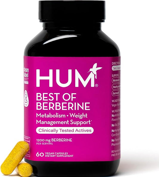 HUM Best of Berberine Supplement 1200mg - Pure Potency for Metabolic Wellness, Enhanced with BioPerine for Maximum Absorption (60 Capsules)