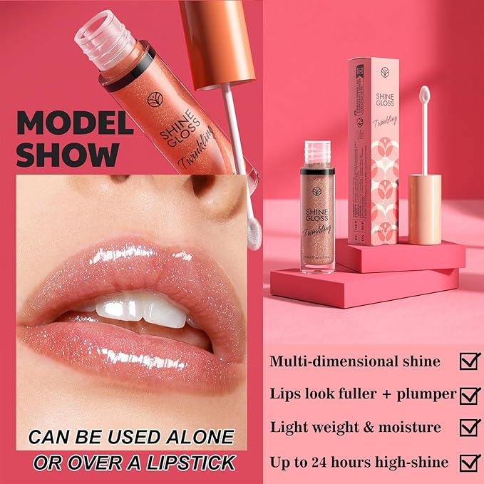 Red Lip Gloss Women Girls Plumping Lip Gloss Glitter Tinted Lip gloss Oil Plumper Hydrating Long Lasting Moisturizing Non Sticky Makeup lip gloss (08# Rose Red Shimmer)