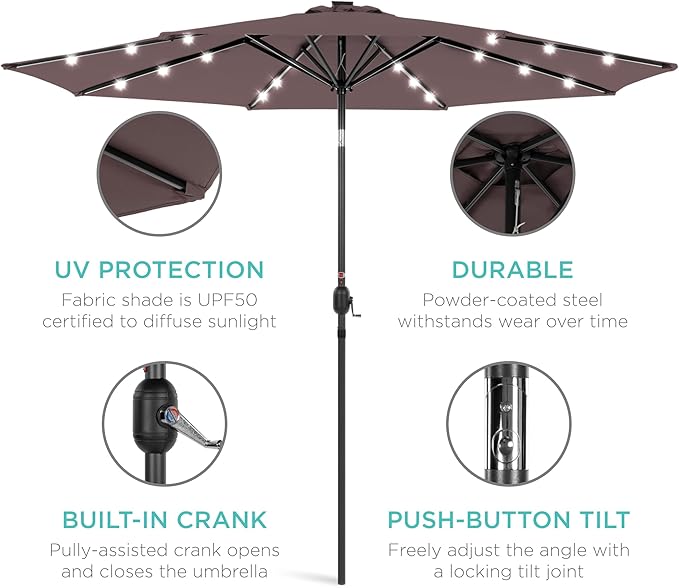 Best Choice Products 10ft Solar Polyester LED Lighted Patio Umbrella w/Tilt Adjustment and UV-Resistant Fabric - Deep Taupe