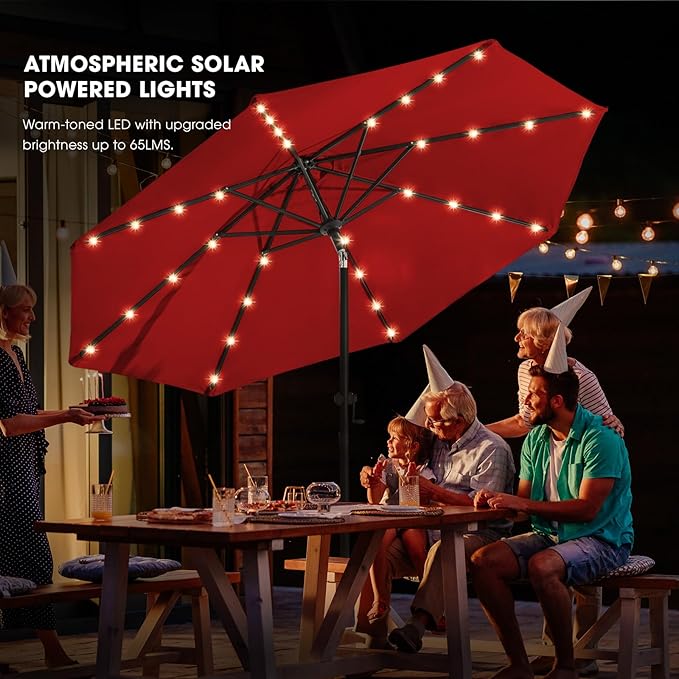 wikiwiki 10ft Solar Led Patio Umbrella, Sturdy Outdoor Market Umbrella for Deck, Pool, Garden w/Tilt, Crank, 32 LED Lights, Red