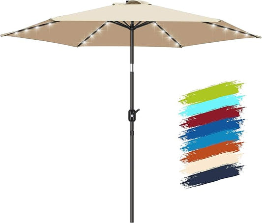FRUITEAM Solar LED patio Ourdoor market umbrella with LED Lights,Tilt and Crank Table Umbrellas for Garden, Deck, Backyard and Pool(Beige)