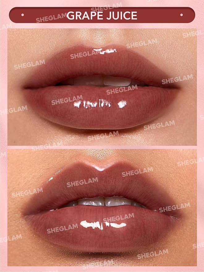 SHEGLAM Glaze Daze Lip Gloss Shiny Tinted Lip Gloss High Gloss Finish Plumping Lip Care Nourishing Not Easy to Fade Liquid Lip Cosmetics-Grape Juice