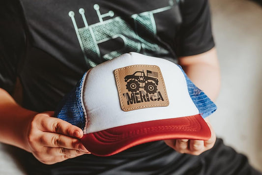 Red White and Blue 'Merica Monster Truck Baseball Cap for Kids, American Flag Hat for Boys, Patriotic Hat for Girls, Toddler Monster Truck Baseball Hat for Kids