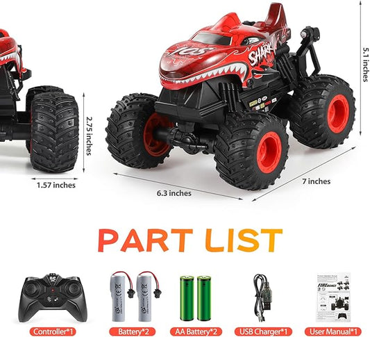 DYODYORC Remote Control Car, 2.4Ghz All Terrain Shark Monster Truck Toys, RC Truck with Music, 3 Lighting Effects, 360 Stunt Capable, All Included Ready to Run, Toy Gifts for Boys and Girls (Red)