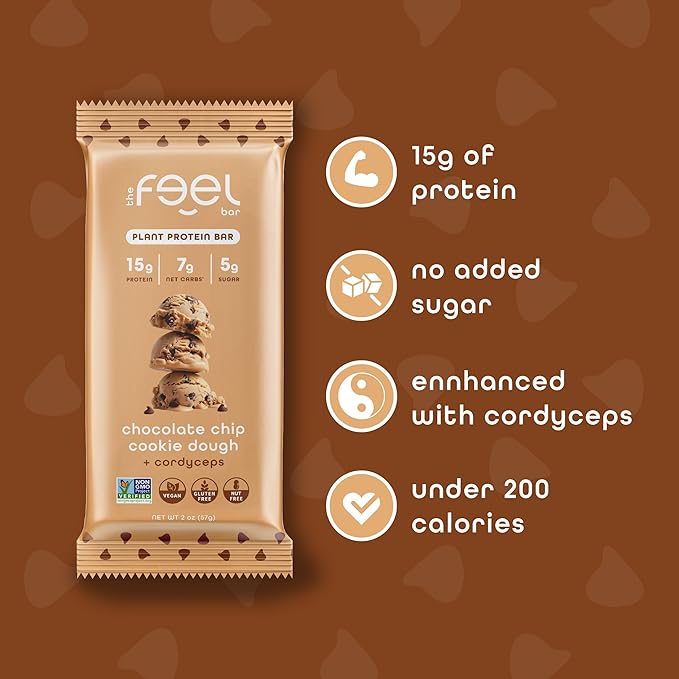Feel Vegan Protein Bars | Cookie Dough | Keto | Gluten Free | Organic | Lions Mane | 15g Protein | Low Carb | Dairy Free | Grain Free | Nut Free | Soy Free | Non GMO - 10 Pack