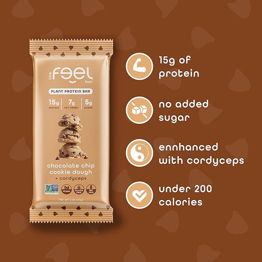 Feel Vegan Protein Bars | Cookie Dough | Keto | Gluten Free | Organic | Lions Mane | 15g Protein | Low Carb | Dairy Free | Grain Free | Nut Free | Soy Free | Non GMO - 10 Pack