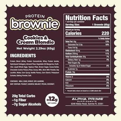 Prime Bites Protein Brownie from Alpha Prime Supplements | High Protein, Collagen Fortified Low Sugar Treat | Delicious Snack | 12 Bars per Box (Chocolate Cookie Monster)