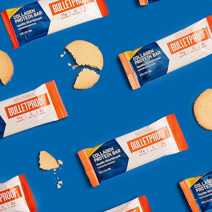 Bulletproof Vanilla Shortbread Collagen Protein Bars, Pack of 12, Keto-Friendly Snack with MCT Oil, 2g Sugar, No Added Sugar, Grass-Fed Collagen