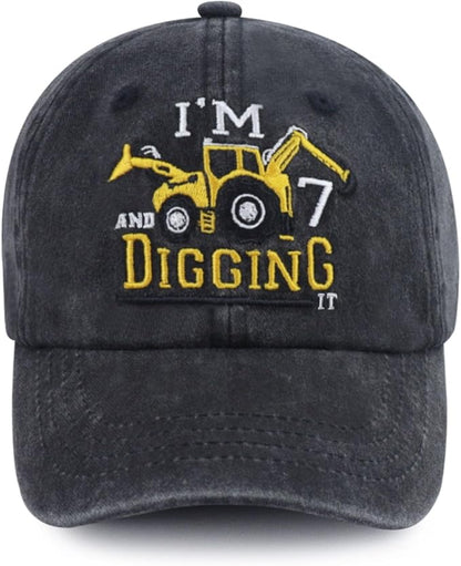 I'm 3/4/5/6/7/8/9 and Digging It Hats for Boys Girls, Funny Embroidered Toddler Excavator Birthday Baseball Cap