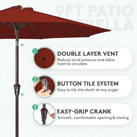 JEAREY 9FT Outdoor Patio Umbrella Outdoor Table Umbrella with Push Button Tilt and Crank, Market Umbrella 8 Sturdy Ribs UV Protection Waterproof for Garden, Deck, Backyard, Pool (Deep Red)
