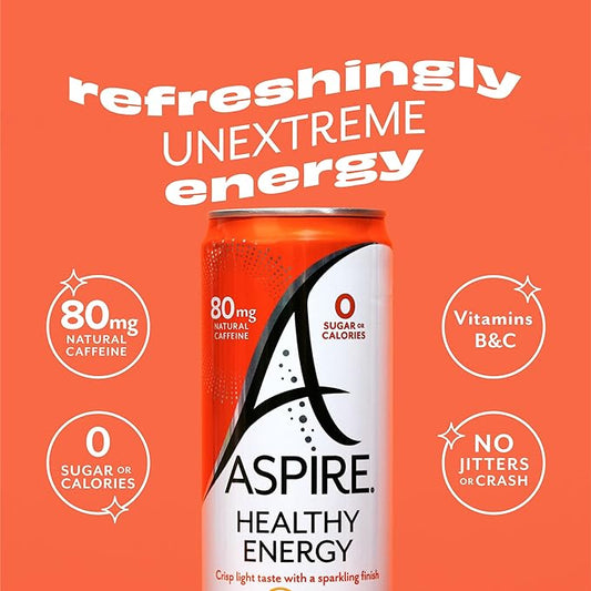 ASPIRE® Mango Lemonade, Healthy Energy Drink with Low Caffeine, No Sugar, Carbs, and Keto Friendly, 12 Pack
