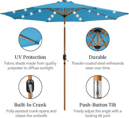 Best Choice Products 10ft Solar Market Patio Umbrella w/Woodgrain Pattern Pole, LED Lights, Tilt & Crank – Outdoor Sun Shade for Backyard Table, Deck, Poolside – Sky Blue