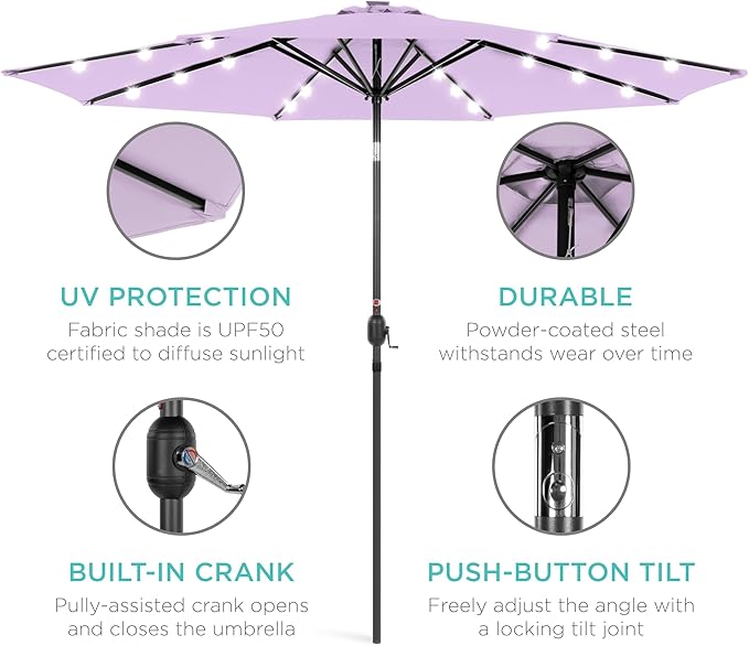 Best Choice Products 10ft Solar Polyester LED Lighted Patio Umbrella w/Tilt Adjustment and UV-Resistant Fabric - Lavender