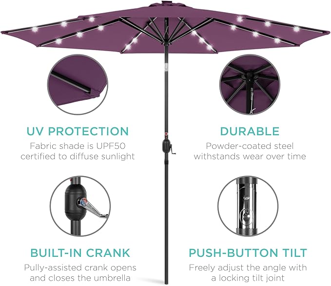 Best Choice Products 10ft Solar Polyester LED Lighted Patio Umbrella w/Tilt Adjustment and UV-Resistant Fabric - Amethyst Purple