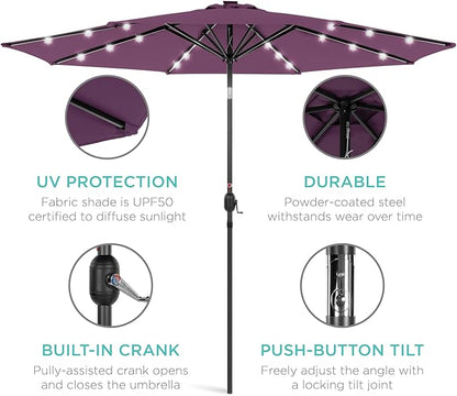 Best Choice Products 10ft Solar Polyester LED Lighted Patio Umbrella w/Tilt Adjustment and UV-Resistant Fabric - Amethyst Purple