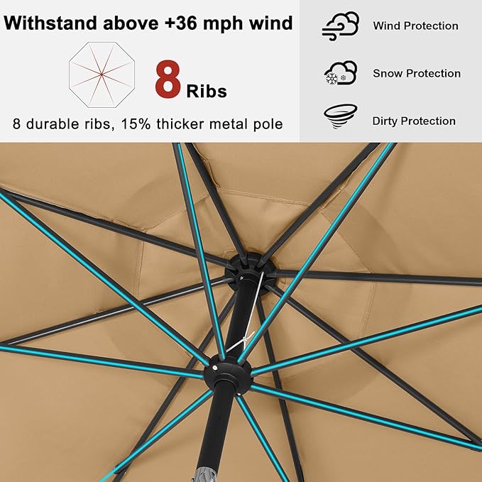 ABCCANOPY 10FT Patio Umbrella, Outdoor Waterproof Table Umbrella with Push Button Tilt and Crank, 8 Ribs UV Protection Pool Umbrella for Garden, Lawn, Deck & Backyard (Tan)