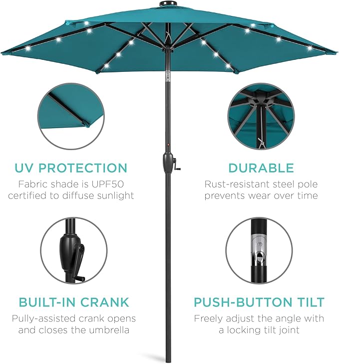 Best Choice Products 7.5ft Outdoor Solar Market Table Patio Umbrella for Deck, Pool w/Tilt, Crank, LED Lights - Cerulean