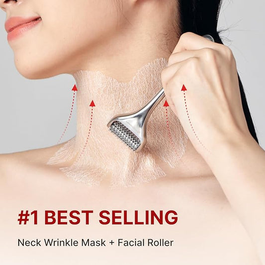 MEDITHERAPY Wrinkle-fit Face Mask & Wrinkle-fit Neck Mask + Facial Roller - Neck Wrinkle Patches, Neck Firming and Tightening Korean Deep Collagen Mask - Mesh Sheet Mask for Lifting Sagging Skin