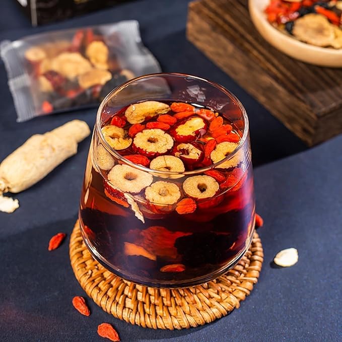 Ginseng and Wolfberry Tea, Ginseng Nine Treasure Tea, Red Date Wolfberry Mulberry Tea Chinese Kidney Herbal Red Ginseng Tea (1)