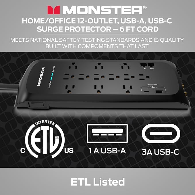 Monster Black Heavy Duty Surge Protector Power Strip 6 ft Cord with 12 120V-Outlet Extension, 2 Ethernet Switch Ports, 4050J Rating, 1 USB-A, and 1 USB-C Charging Ports – Ideal for Computers & Offices