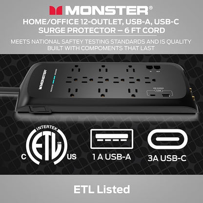Monster Black Heavy Duty Surge Protector Power Strip 6 ft Cord with 12 120V-Outlet Extension, 2 Ethernet Switch Ports, 4050J Rating, 1 USB-A, and 1 USB-C Charging Ports – Ideal for Computers & Offices