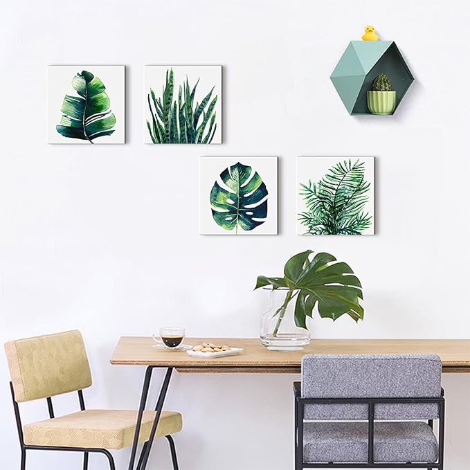 Nature Wall Art Green Plant Wall Decor Tropical Botanical Leaves Pictures Canvas Prints Bedroom Minimalist Boho Sage Monstera Leaf Painting Artwork for Bathroom Living Room Home Decorations 8x8” 4 Pcs