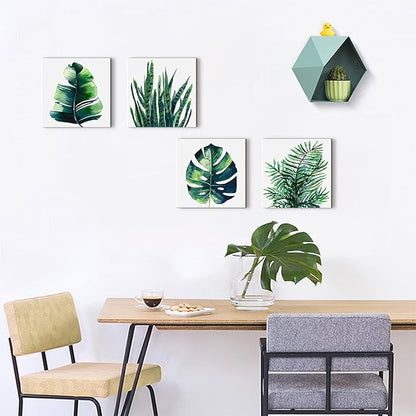 Nature Wall Art Green Plant Wall Decor Tropical Botanical Leaves Pictures Canvas Prints Bedroom Minimalist Boho Sage Monstera Leaf Painting Artwork for Bathroom Living Room Home Decorations 8x8” 4 Pcs