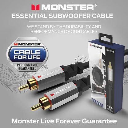 Monster Essentials Premium Subwoofer Cable Connector for Home Theaters and Cars, RCA Subwoofer Audio Cable, 13.1ft