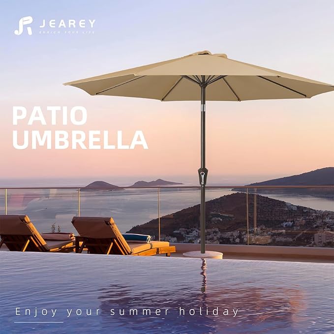JEAREY 9FT Outdoor Patio Umbrella Outdoor Table Umbrella with Push Button Tilt and Crank, Market Umbrella 8 Sturdy Ribs UV Protection Waterproof for Garden, Deck, Backyard, Pool (Deep Tan)