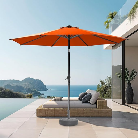 9ft Outdoor Patio Umbrella - Market Table Pool Deck Umbrella UPF50+ UV Protection with Push Button Tilt, Crank and 8 Sturdy Ribs (Neon Orange, No base)