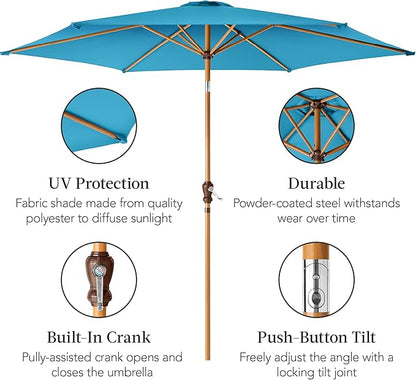 Best Choice Products 10ft Market Umbrella, Outdoor Sun Shade for Backyard, Deck, Poolside, Table w/Woodgrain Pattern, Easy Tilt & Crank - Sky Blue