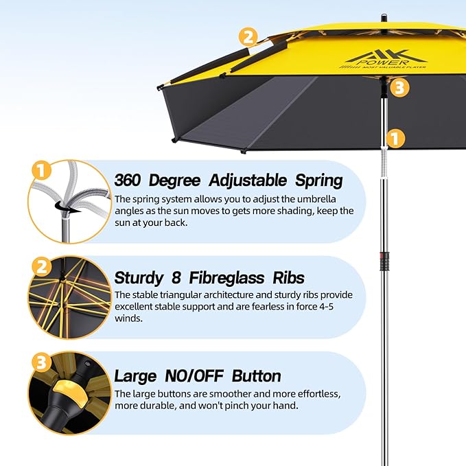 Patio Umbrella with Exclusive Black Coating, 7.2ft/7.8ft Heavy-Duty Double-Layer Nylon Canopy, Adjustable Tilt Sun Shade Outdoor Table Umbrella, UV Protection & Carry Bag for Beach, Fishing, Backyard