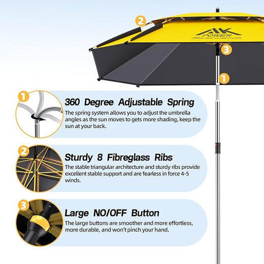Patio Umbrella with Exclusive Black Coating, 7.2ft/7.8ft Heavy-Duty Double-Layer Nylon Canopy, Adjustable Tilt Sun Shade Outdoor Table Umbrella, UV Protection & Carry Bag for Beach, Fishing, Backyard