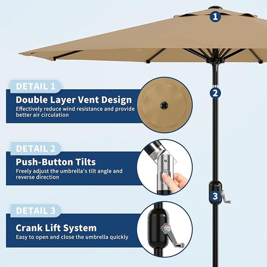 9Ft Patio Umbrella - 8 Sturdy Ribs Outdoor Table Umbrella with Crank Lift & Push Button Tilt - Market Umbrella for Pool, Deck, Yard, Garden - Tan