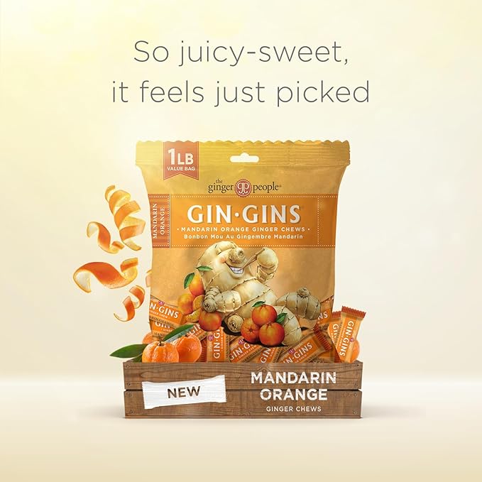 GIN GINS Mandarin Orange Ginger Chews – Natural Fresh Ginger Candy by The Ginger People – Individually Wrapped Healthy Candy – Mandarin Orange Flavor – Large 1 lb Bag (16oz) – Pack of 1