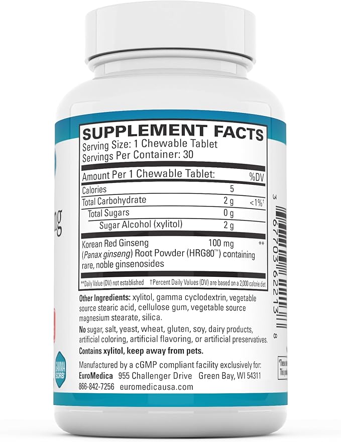 Euromedica Red Ginseng Energy - Supplement to Support Healthy Energy & Focus - Herbal Supplement with Korean Red Ginseng Root Powder - Vegan Tablets to Aid Healthy Endurance - 30 Chewable Tablets