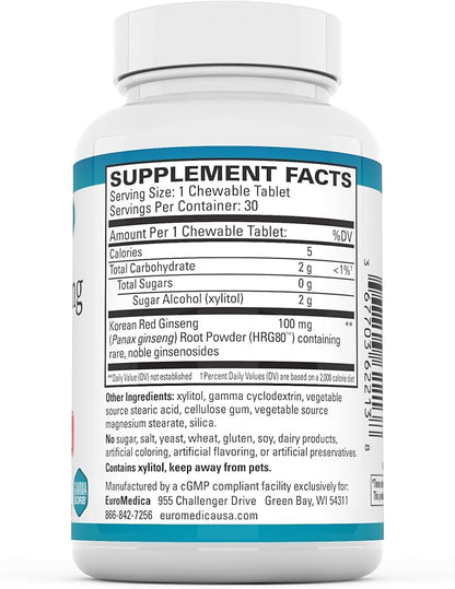 Euromedica Red Ginseng Energy - Supplement to Support Healthy Energy & Focus - Herbal Supplement with Korean Red Ginseng Root Powder - Vegan Tablets to Aid Healthy Endurance - 30 Chewable Tablets