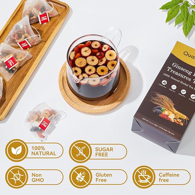 Ginseng Five Treasures Tea, Natural Kidney Cleanse Detox with Ginseng, Red Date, Mulberry Fruit, Maca, Wolfberry, Yam, Polygonatum for Men