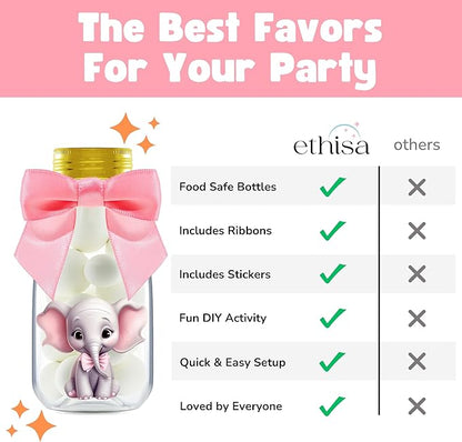 Small 12 Pack Pink Elephant Party Favors - Candy Jars with Ribbons and Stickers - DIY Party Decoration Bottles for Baby Shower, Birthday, Gender Reveal, and Classroom - Girl Table Centerpiece